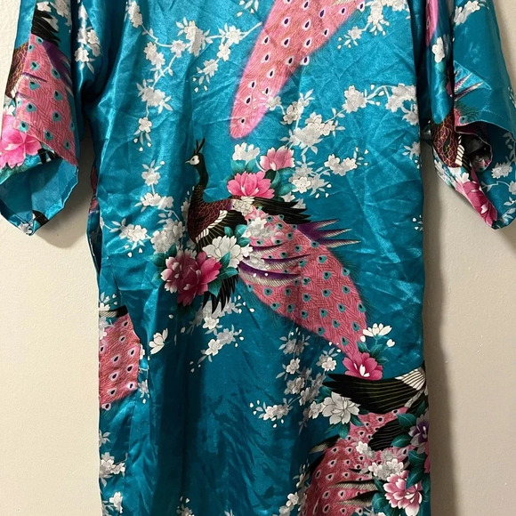 Vintage kimono style tie robe traditional print peacock and blossoms one size - Picture 5 of 7